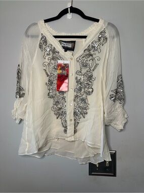 Ivory Embellished Sheer Button-Front Blouse